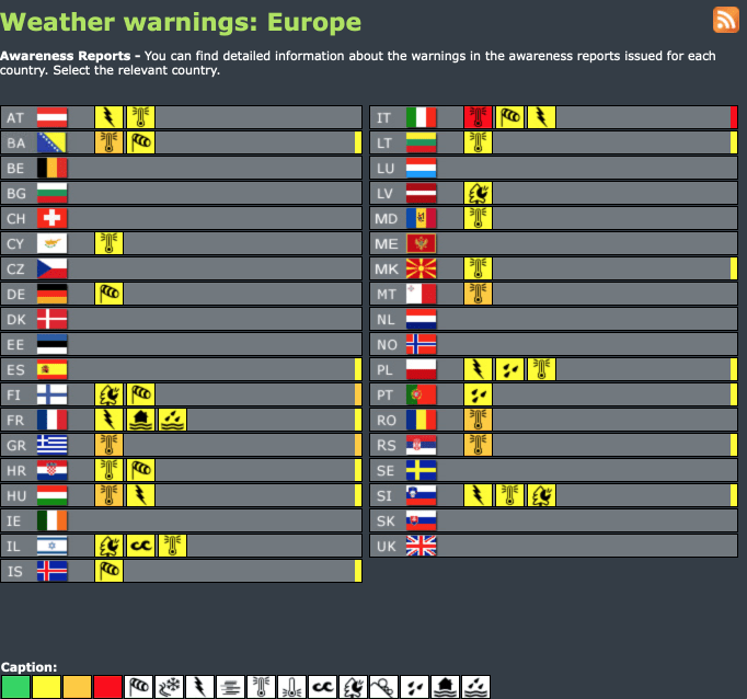Weather warnings Europe #advisory #watch (Avertizări meteo în Europa)