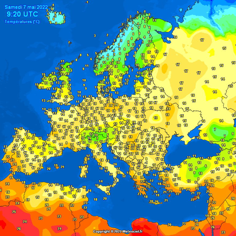 Temperatures Europe at noontime (Temperaturile pranzului în Europa)