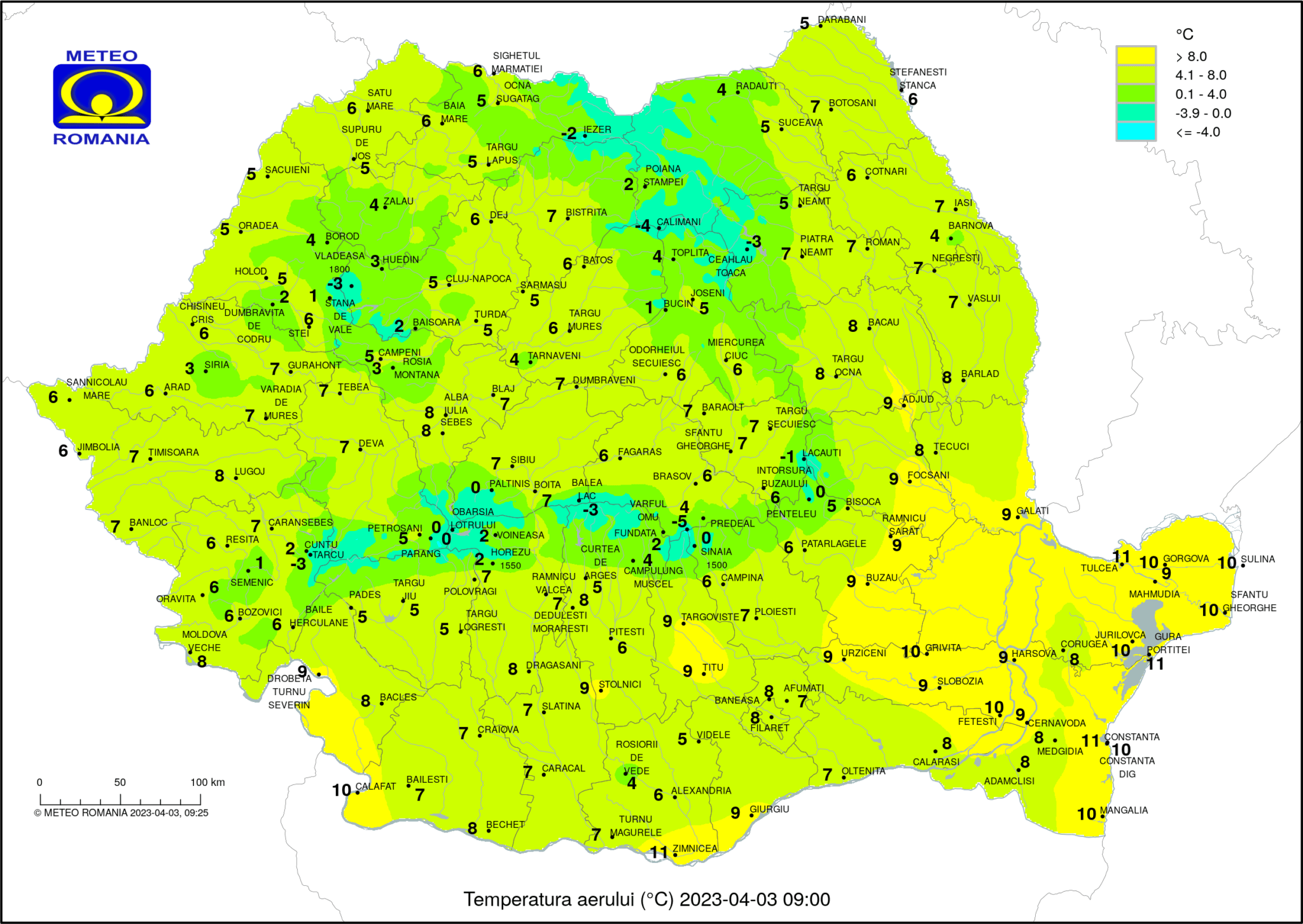 Temperaturile dimineții în România (ora 9) Temperaturi resimțite