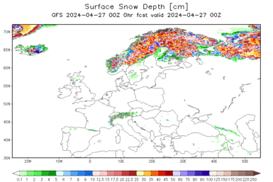 Today snow and ice depth in North Hemisphere – Europe and USA